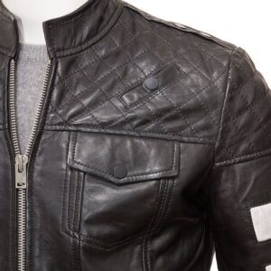 Black Handmade Distressed Biker Leather Jacket Men's closeup front