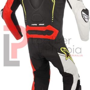 Men' Leather Motorcycle Riding Suit, Black/White/Red/Yellow, 54 back image full