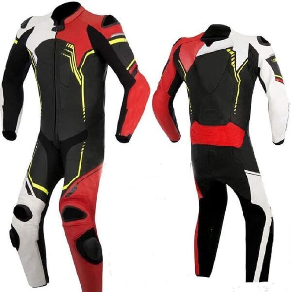 Men's Fashion Motorbike Real Leather One Piece Suit with Armor Protection Black,XS-5XL front and back image