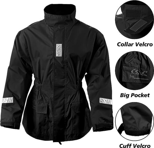 Leather Phobia Motorcycle Rain Suit for Men Women Waterproof Jacket and Pants with High Visibility Reflective Tape jacket front image with details