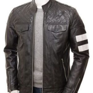 Black Distressed Biker Strips Leather Jacket