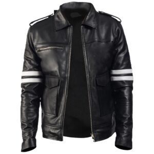 Men's Black Biker With White Stripes Leather Jacket front image