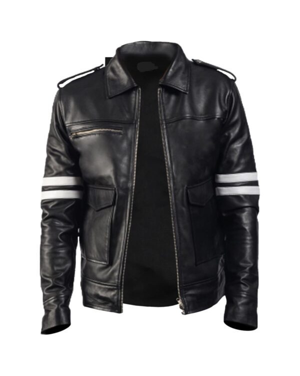 Men's Black Biker With White Stripes Leather Jacket front image