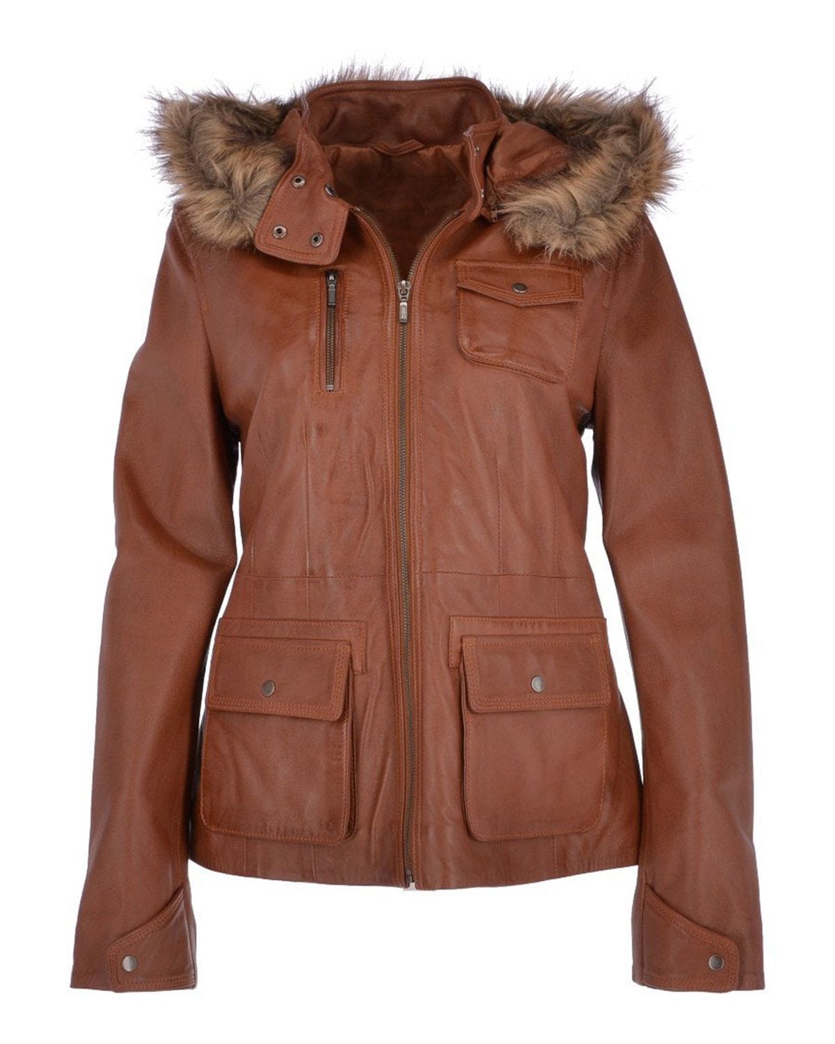 Women's Brown Hooded Leather Biker jacket