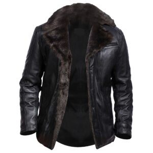 Men's Black Fur Collar Bomber Genuine Leather Jacket handmade