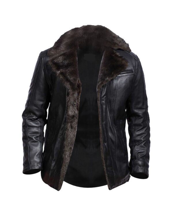 Men's Black Fur Collar Bomber Genuine Leather Jacket handmade