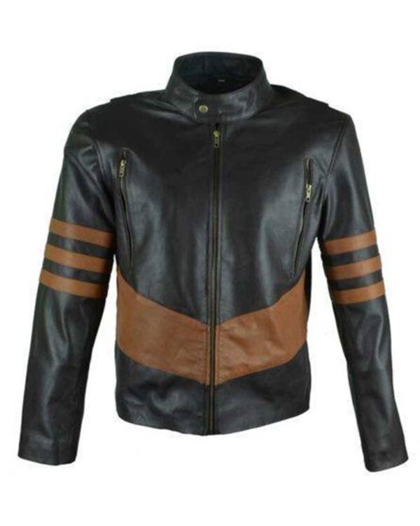 Men's Black Cafe Racer With Brown Stripes Leather Jacket