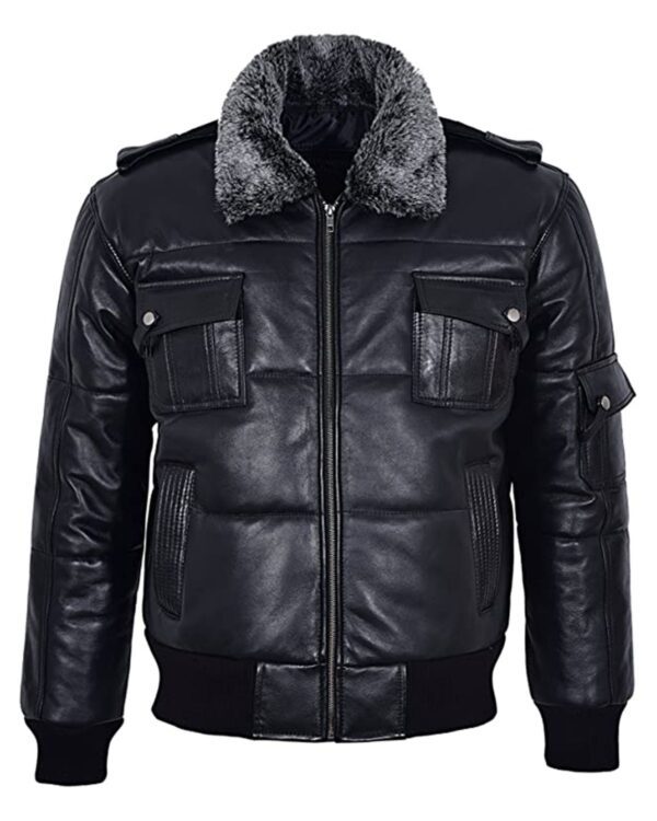 Puffer Black Fur Collar Bomber Jacket